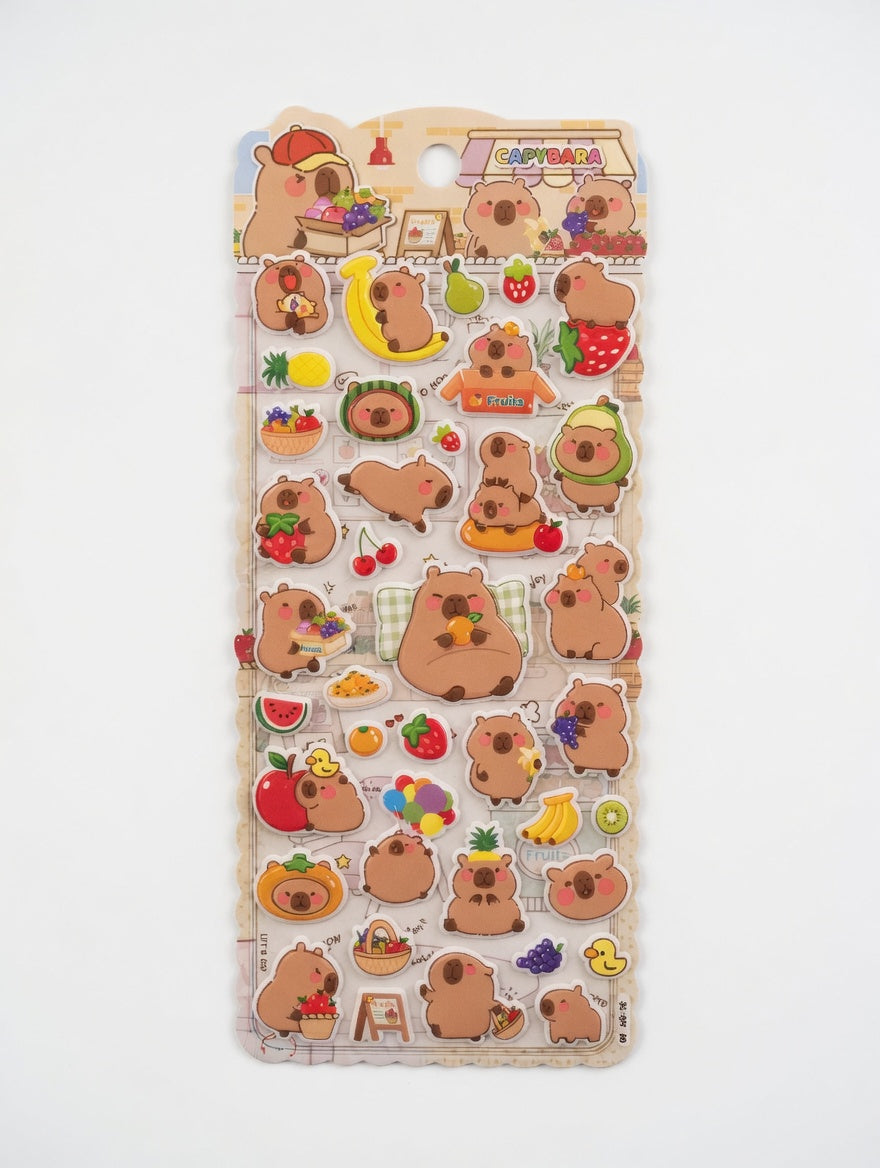 Pack of transparent stickers with cartoon animal characters and food items on a white background
