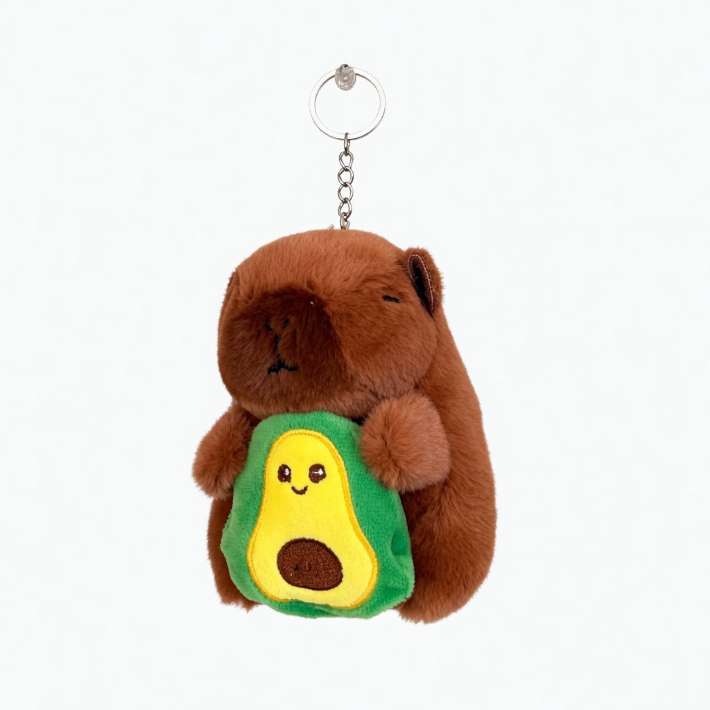 Capybara Plush Keychain with Avocado – Fluffy Kawaii Charm